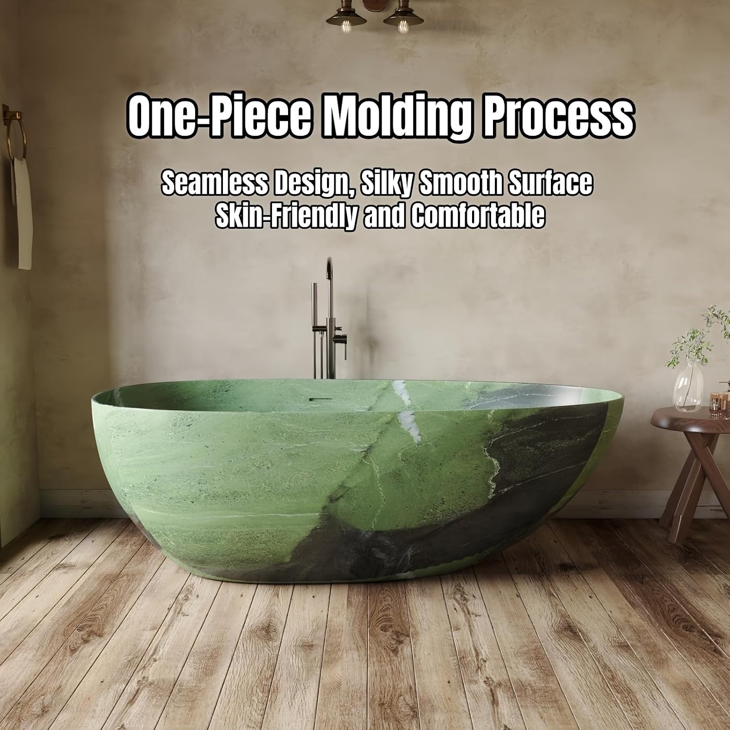 56' Edeyeu Freestanding Bathtub - Deep Soaking Tub with Engineered Stone Build, Ergonomic Backrest and Heat-Retaining Layers, Modern Solid Surface Bathtub for Luxury Home Spa Rock color C