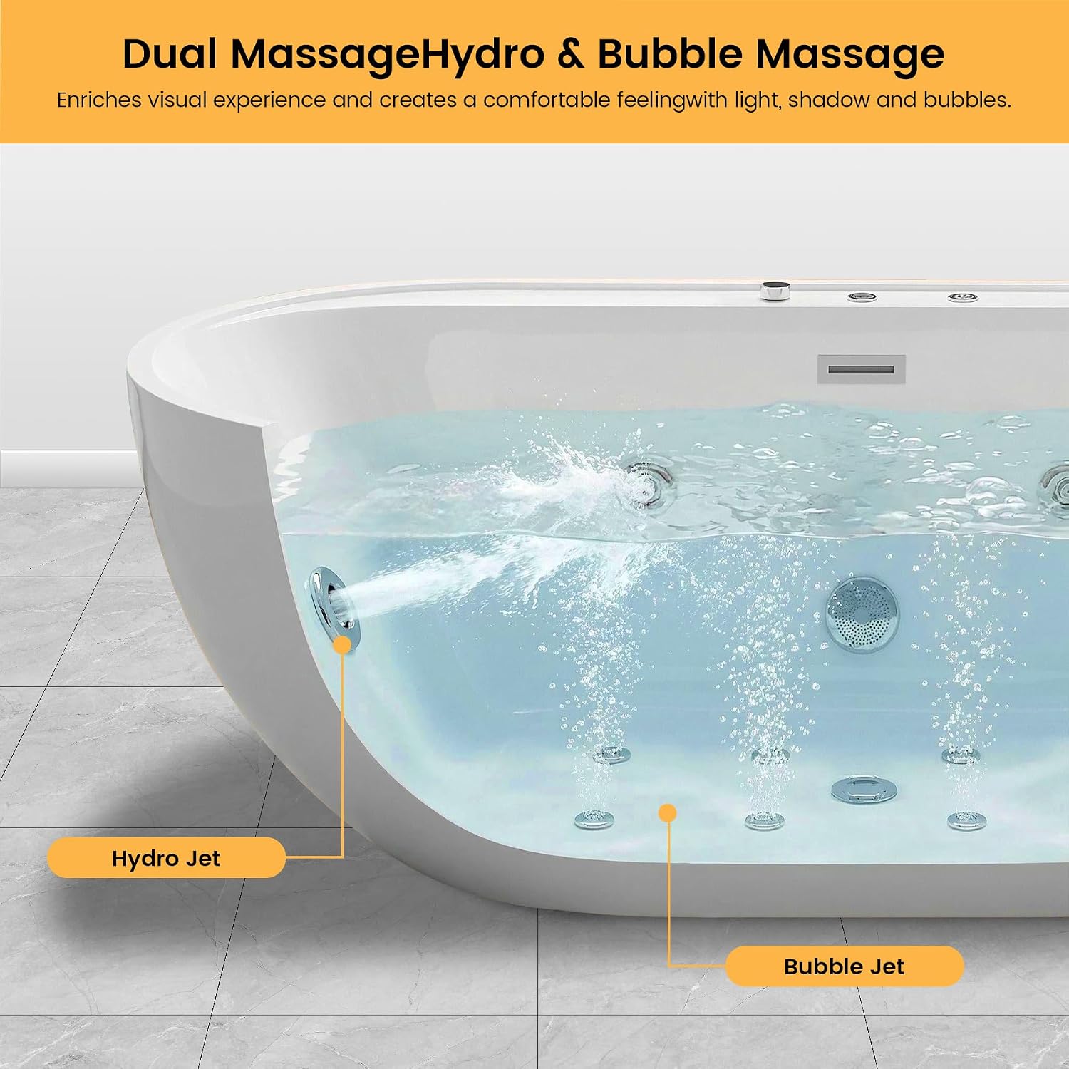 67x31.5 Inch Freestanding Jetted Whirlpool Bathtub | 6 Massage Jets, 8 Air Bubble System, Color-Changing LED Chromatherapy & Adjustable Hydro Massage (white-3)