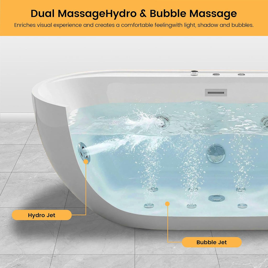67x31.5 Inch Freestanding Jetted Whirlpool Bathtub | 6 Massage Jets, 8 Air Bubble System, Color-Changing LED Chromatherapy & Adjustable Hydro Massage