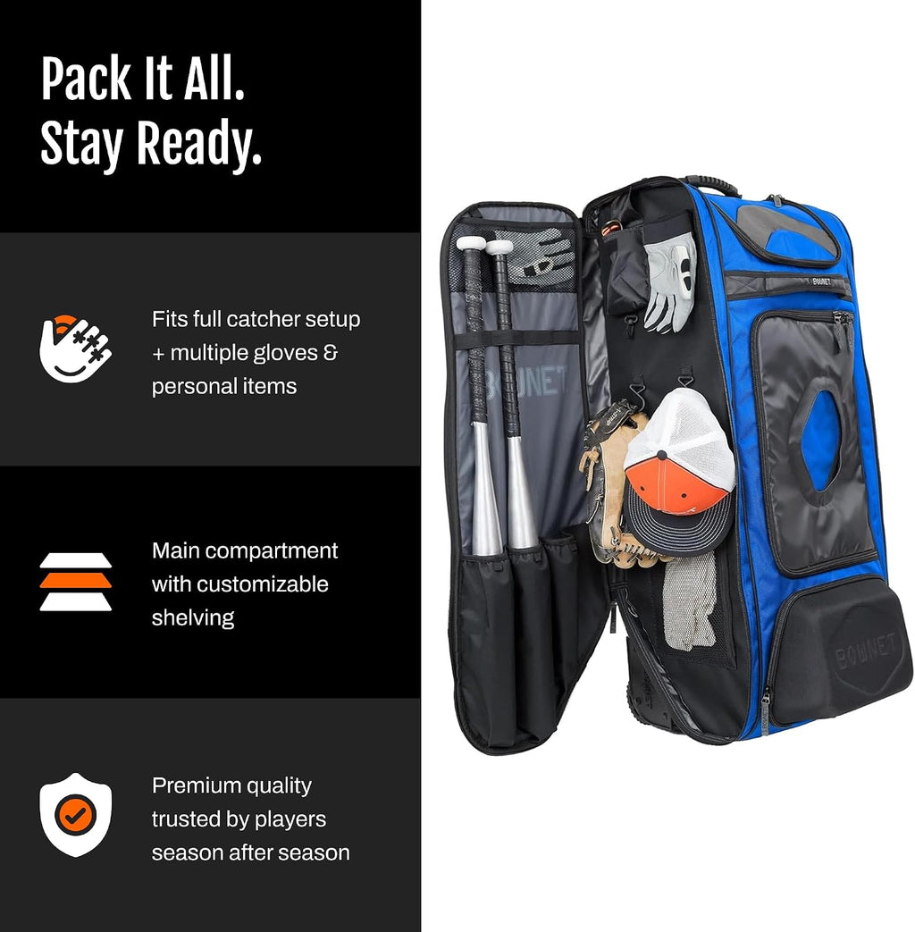 Bownet Commander Rolling Catcher's Gear Bag with Wheels – Baseball & Softball Equipment Bag for Travel Ball, Youth & Adult, 14 Pockets, Molded Helmet Case, Airline Approved
