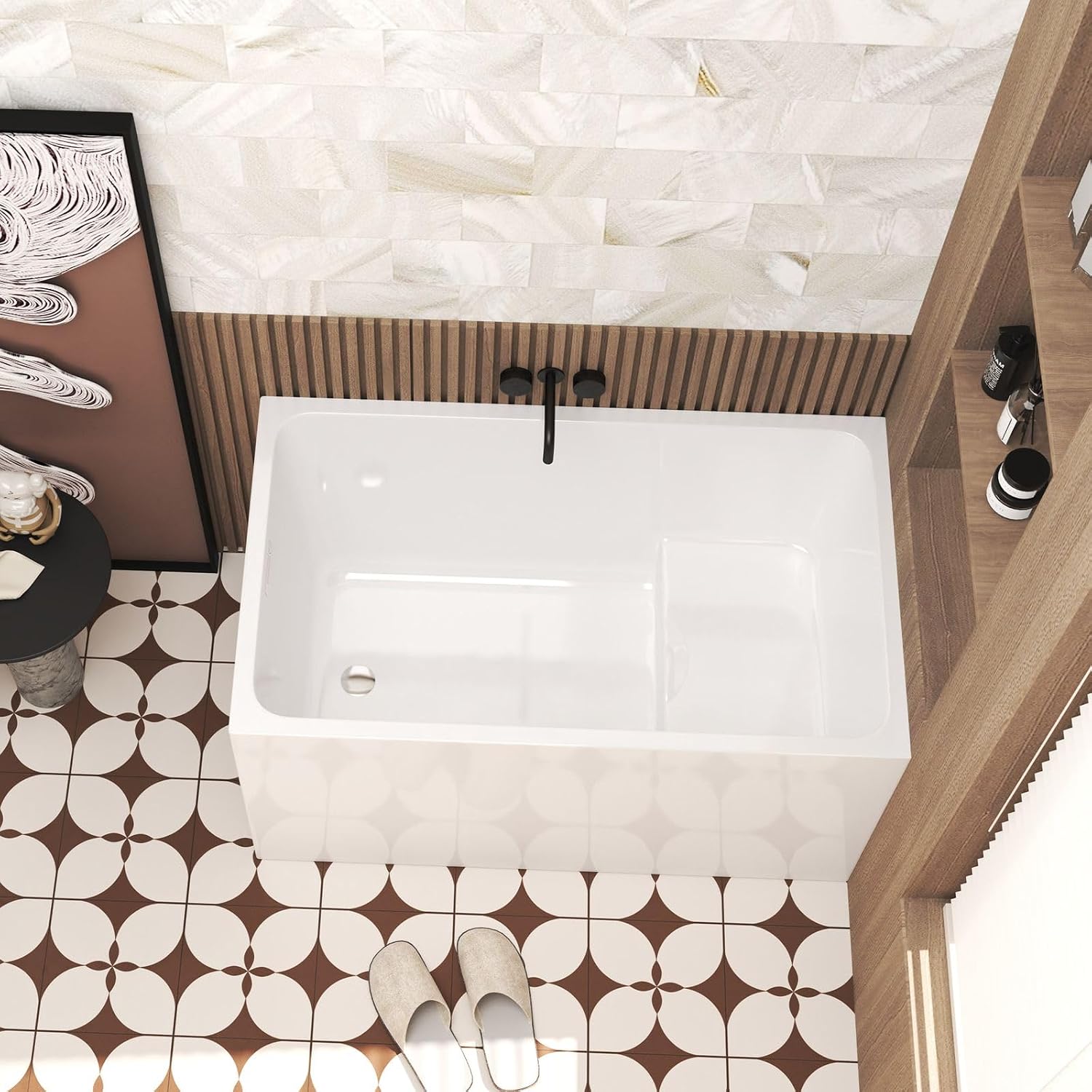 47' Acrylic Freestanding Bathtub with Built-in Seat, Rectangular Soaking Tub w/Chrome Overflow & Pop-Up Drain, CUPC Certified for Elderly & Limited Mobility Support, Gloss White