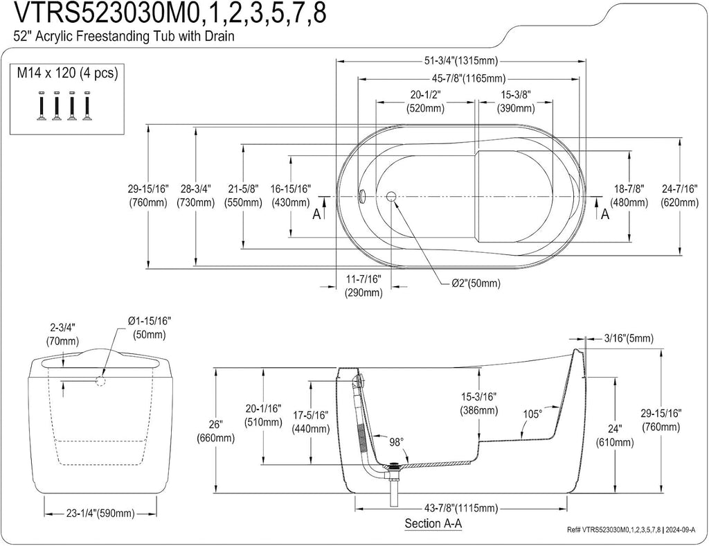 Kingston Brass VTRS523030M8 52' Acrylic Oval Single Slipper Freestanding Tub with Overflow/Drain Assembly and Integral Seat, Glossy White/Brushed Nickel