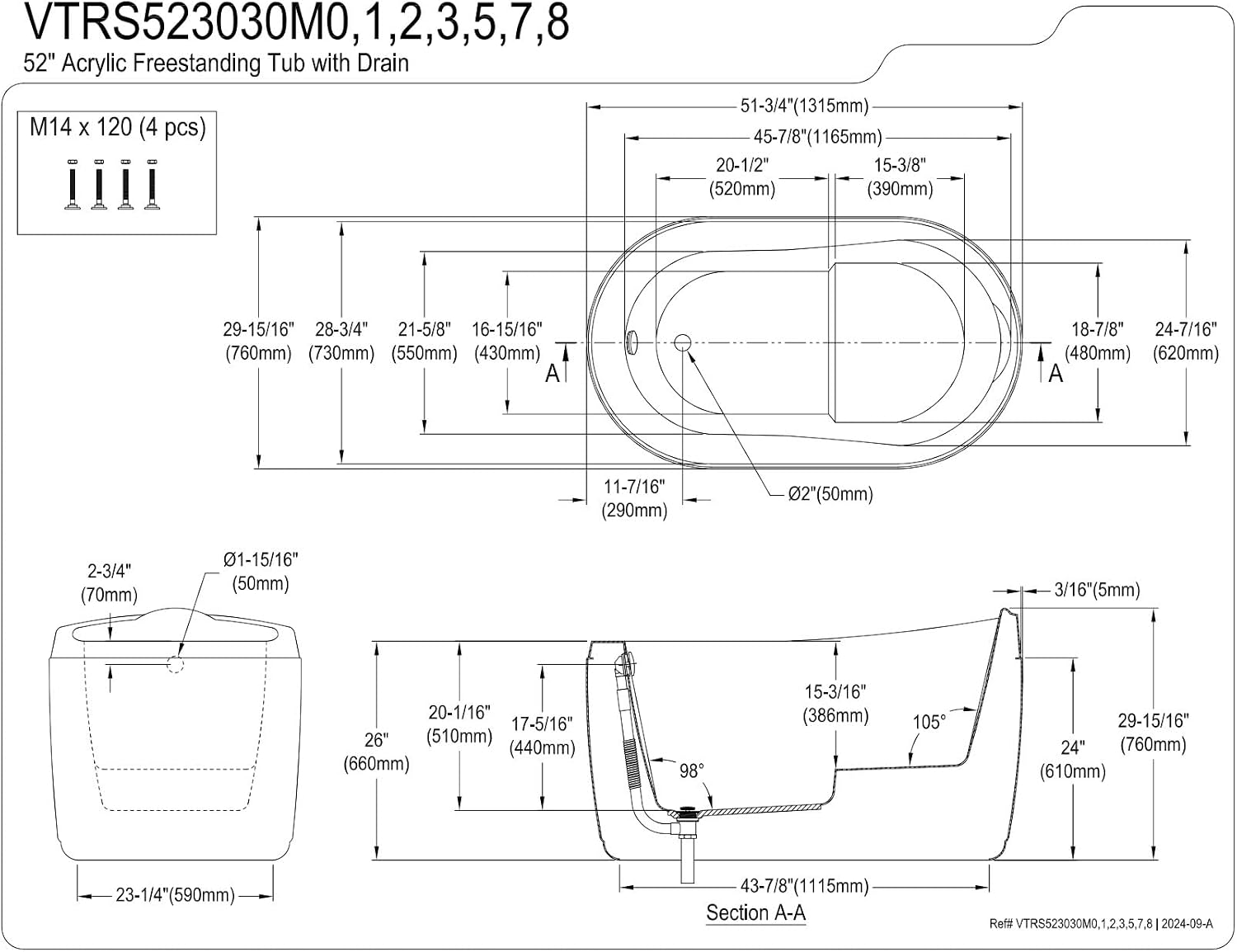Kingston Brass VTRS523030M8 52' Acrylic Oval Single Slipper Freestanding Tub with Overflow/Drain Assembly and Integral Seat, Glossy White/Brushed Nickel