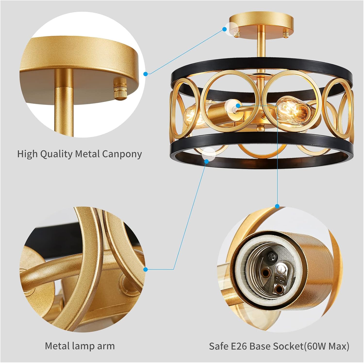 XINGQI 13' Modern Semi Flush Mount Ceiling Light Fixture, Black and Gold Drum Chandelier with Metal Shade Farmhouse Round Ceiling Lamp for Living Dining Room Bedroom