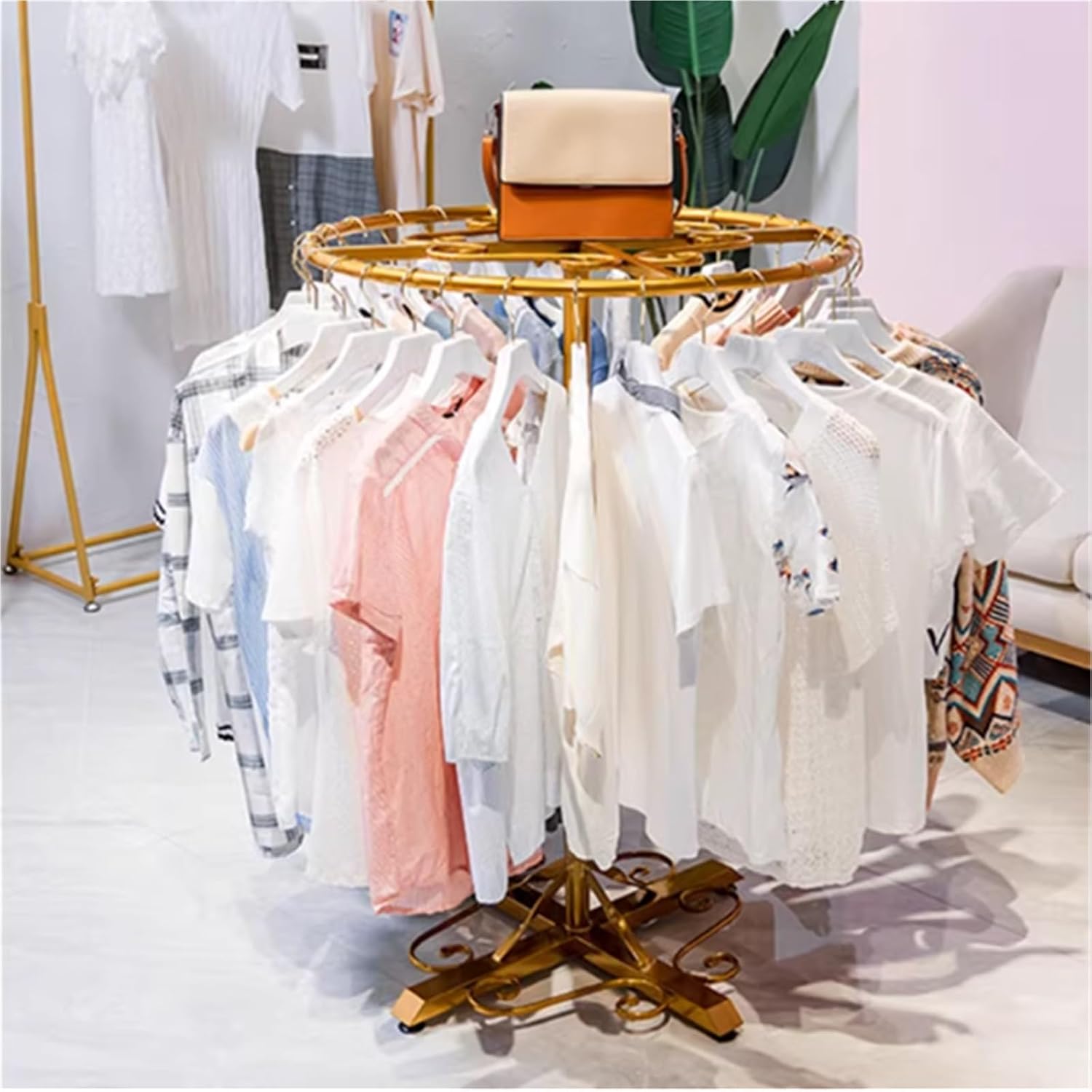 Round Garment Rack, Metal, Commercial Clothes Display Stand, Heavy Duty, 360° Rotating, for Retail Boutiques Home, Laundry Room(White,60 * 110cm)