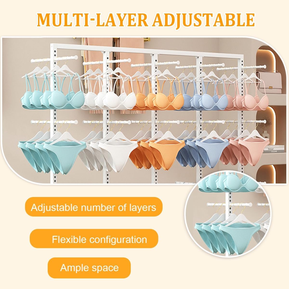 Underwear Display Rack, Coat Rack Stand with Adjustable Shelf Spacing, Freestanding Clothing Store Boutiques Retail Lingerie Garment Racks for Socks Bra Panties(White)