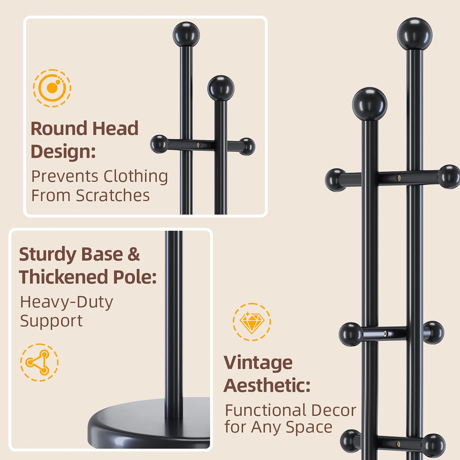 CozyDH Coat Rack Wooden Freestanding - Wood Coat Rack Freestanding Heavy Duty, Wooden Coat Stand with 6 Hooks Creative Look for Entryway, Hallway, Bedroom (Black)