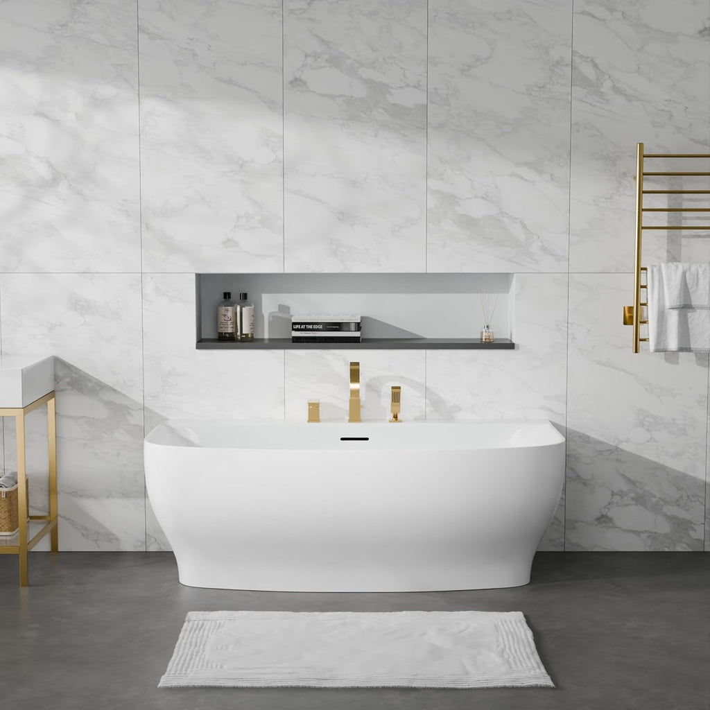 Bank Series 65 in. x 31 in. Flat Bottom Acrylic Freestanding Soaking Bathtub with Center Drain, Brushed Gold Faucet