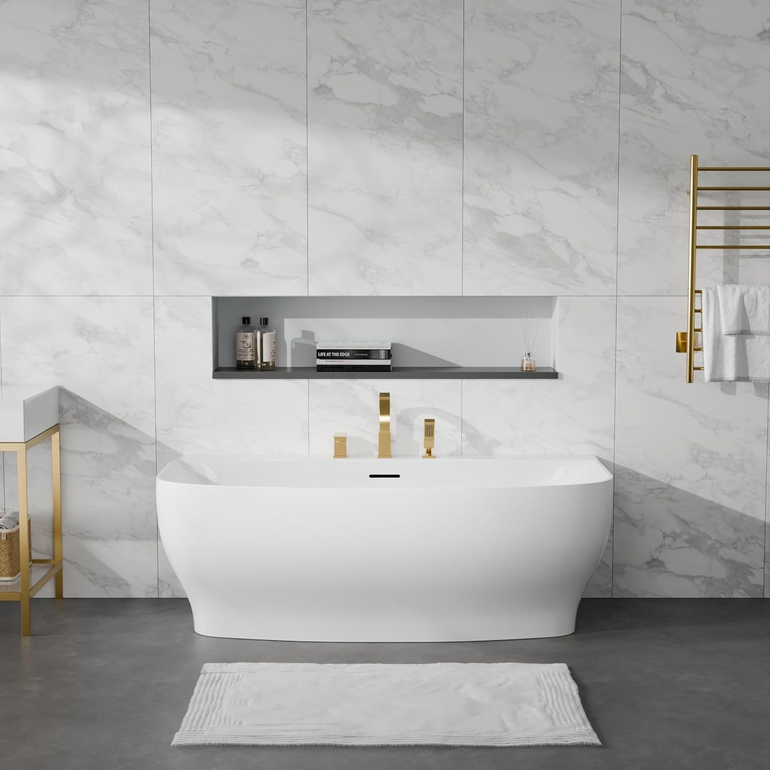 Bank Series 65 in. x 31 in. Flat Bottom Acrylic Freestanding Soaking Bathtub with Center Drain, Brushed Gold Faucet