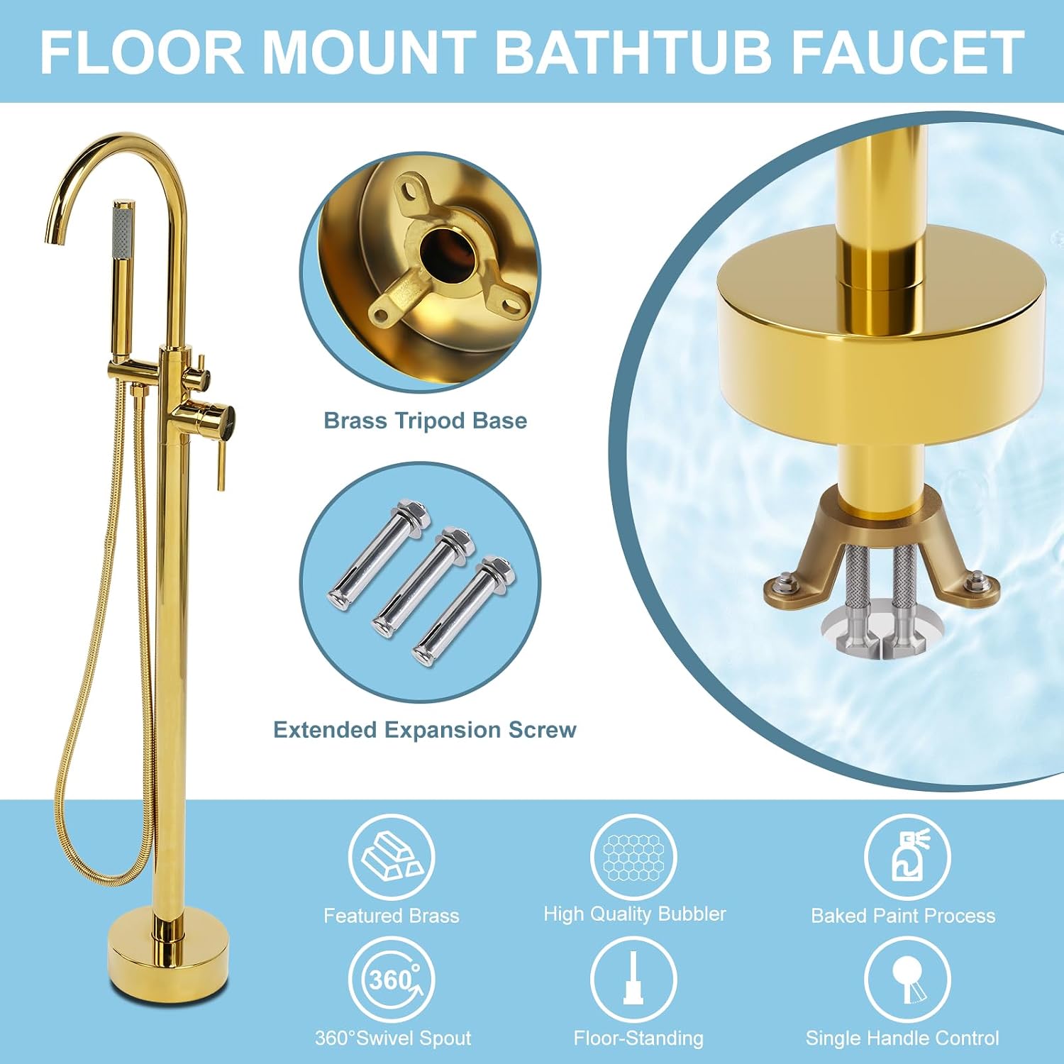 HAWKROWN Freestanding Bathtub Faucet, Floor Mount Bathtub Faucet with 2 Water Outlet Modes, Swivel Gooseneck Spout with Hand Shower, Brass Single Handle Tub filler, Max Flow Rate 7.4 GPM, Gold