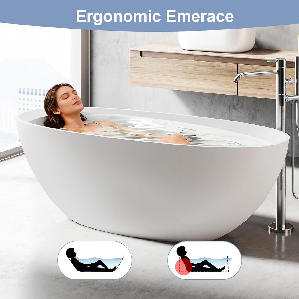 Zevemomo 65 Inch Stone Resin Freestanding Bathtub, Modern Oval Soaking Bathtubs Tubs, Contemporary Solid Surface Bathtubs with Overflow and Pop-up Drain, Matte White