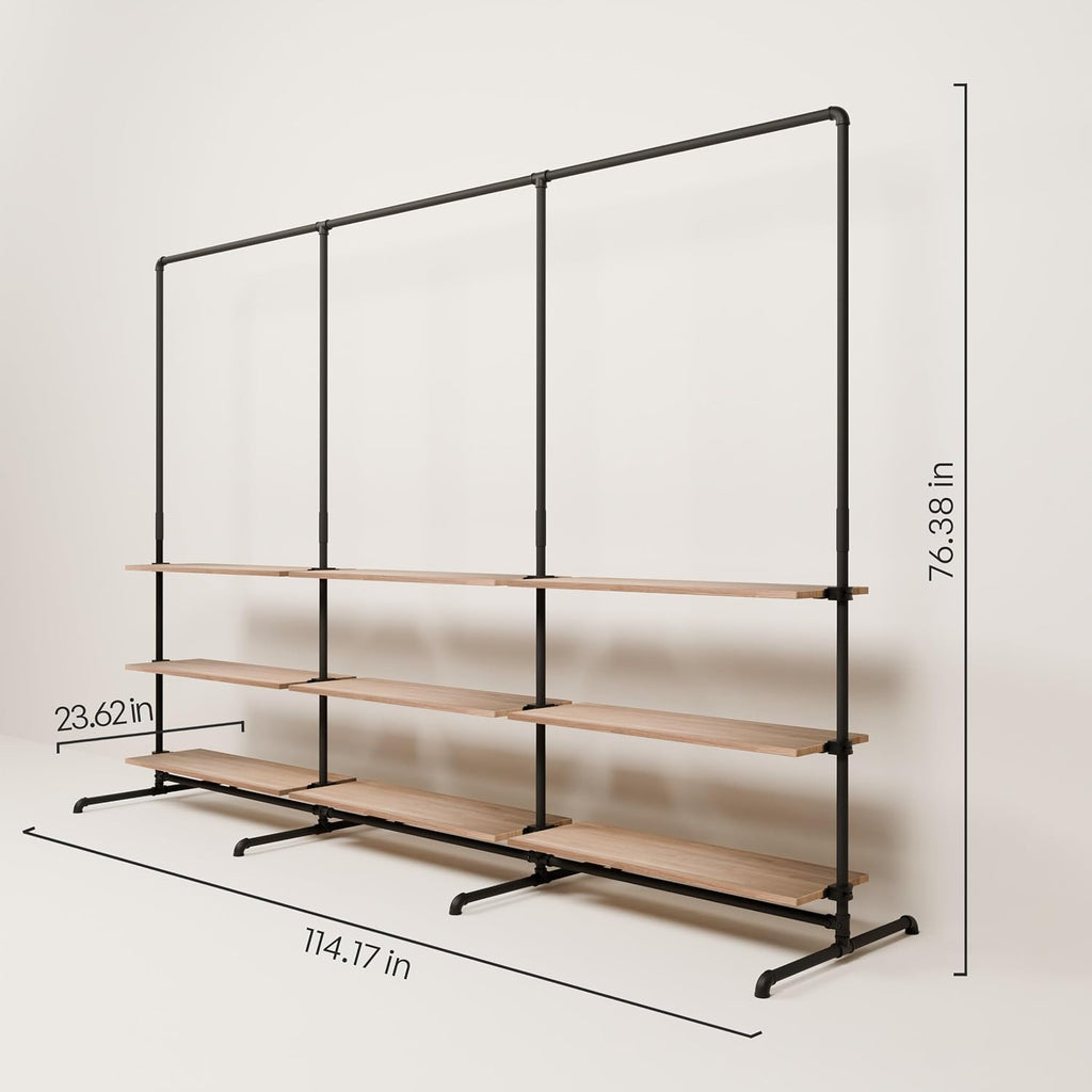 pamo Industrial Pipe Clothing Rack with Oak Shelf – 114' W x 76' H – Freestanding Metal Garment Rack for Bedroom, Walk-In Closet & Retail