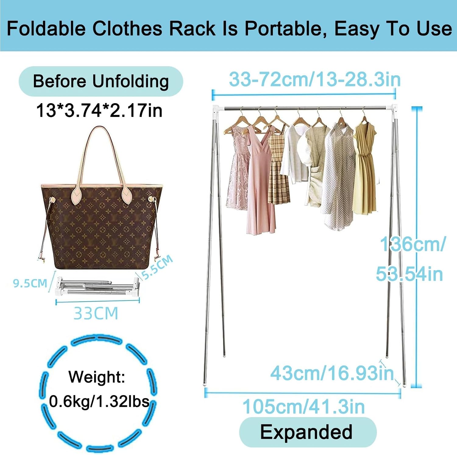 Foldable Clothes Rack, Extendable Garment Rack Portable Freestanding Clothing Rack Metal Clothes Rack For Travel, Camping, Bedroom, Hotel, Laundry Room(Small)