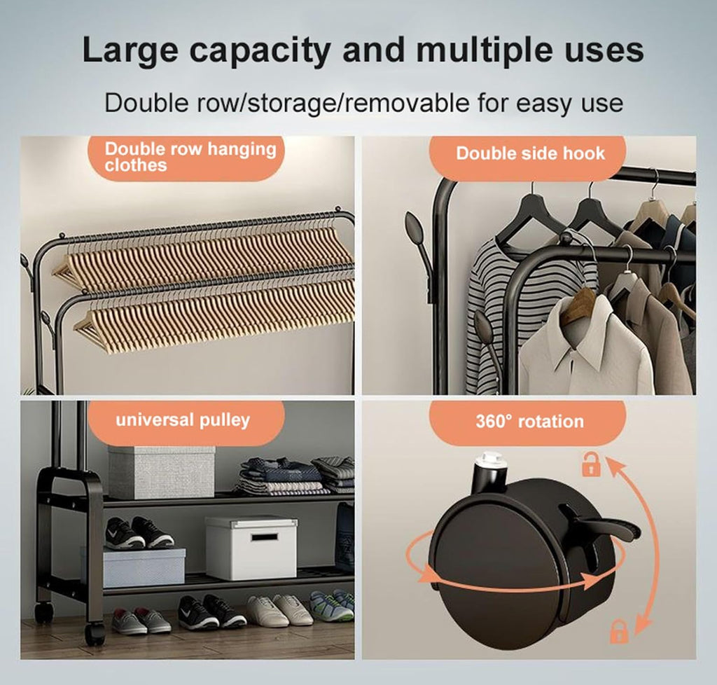 Freestanding Garment Rack for Bedroom,Multi-Functional Double Rods Clothing Rackwith Bottom Shelves and 4 Hooks,Portable Clothes Rack for Hanging Clothes,A-135 * 58 * 154cm
