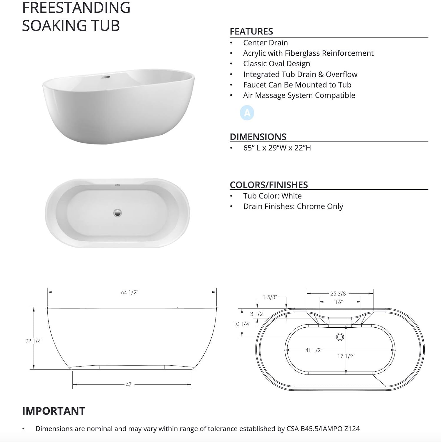 Carver Tubs - Aiden 65' - Modern Freestanding Soaking Bathtub, Soaking Free Standing Bathtub - White Modern Acrylic Oval Tub Chrome Drain & Overflow Chrome Drain Included - 65'L x 29'W x 22'H