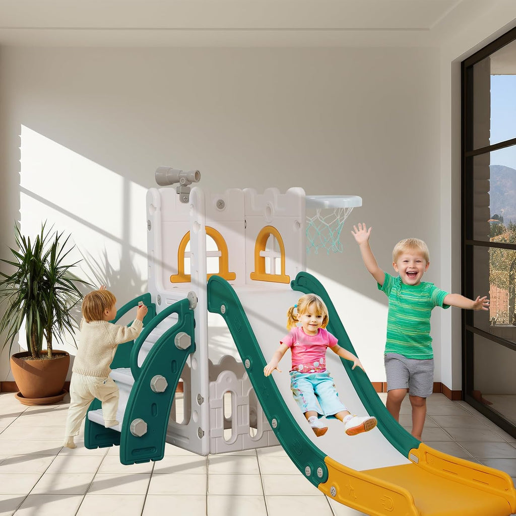 LulliSpace 6 in 1 Toddler Slide,Kids Climber Slider for Indoor Outdoor Playground with Basketball Hoop,Storage and Telescope,L Shaped Slide for Toddler Climber Playset