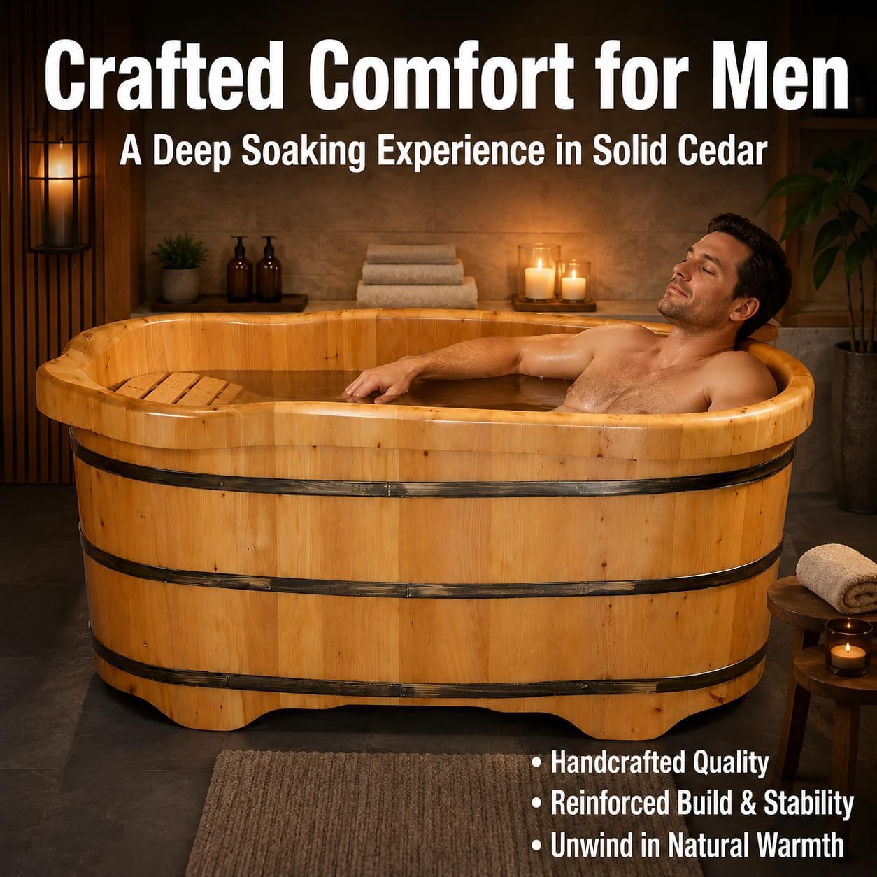 Thick Solid Cedar Wood Bath Tub, 51 Inch Freestanding Soaking Tub with Triple Reinforced Steel Bands & Adjustable Inner Seat