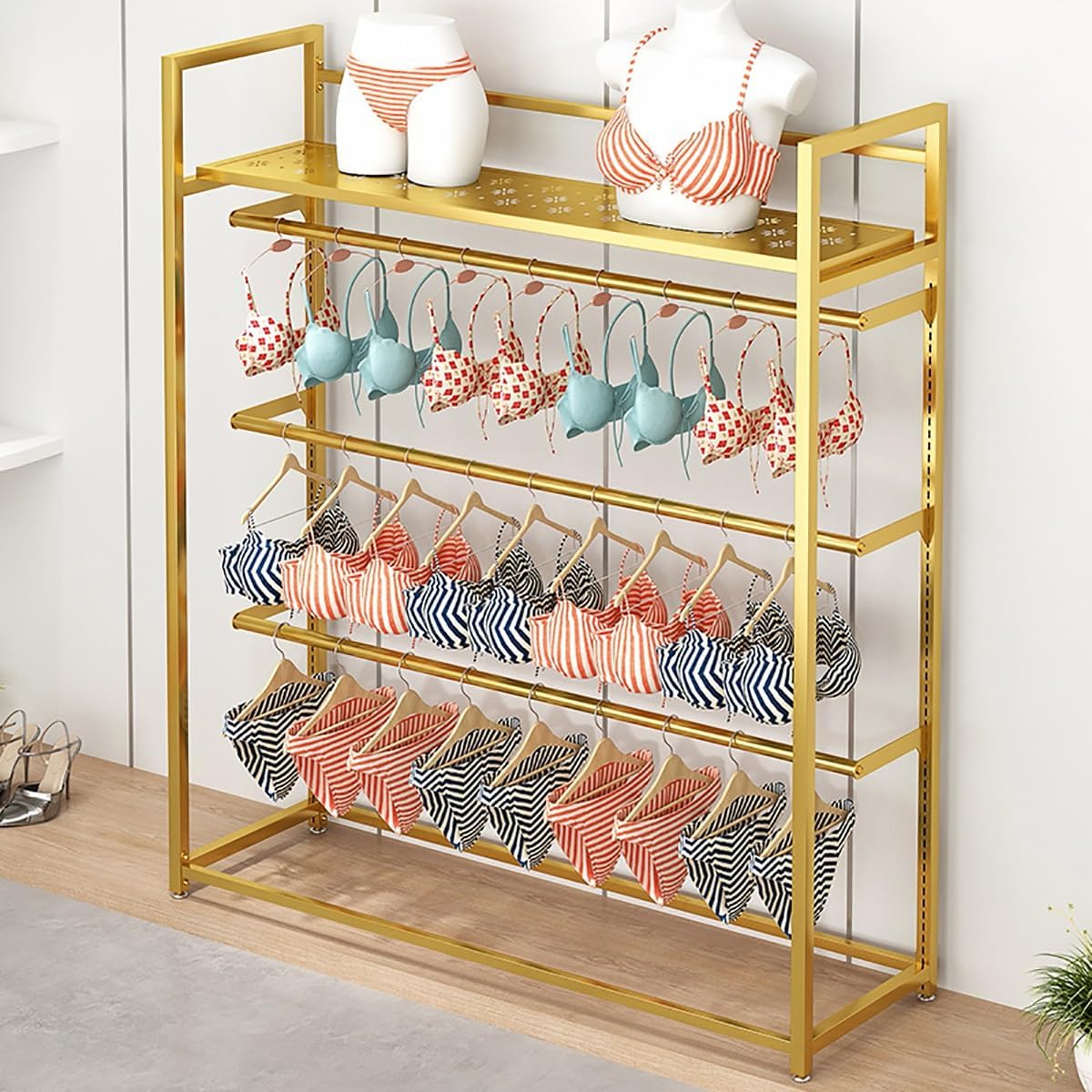 Lingerie Bra Rack Swimsuit Organizer Hanger, Underwear Display Rack with Adjustable Support, Freestanding Clothing Store Boutiques Retail Lingerie Garment Racks(Gold,100cm)