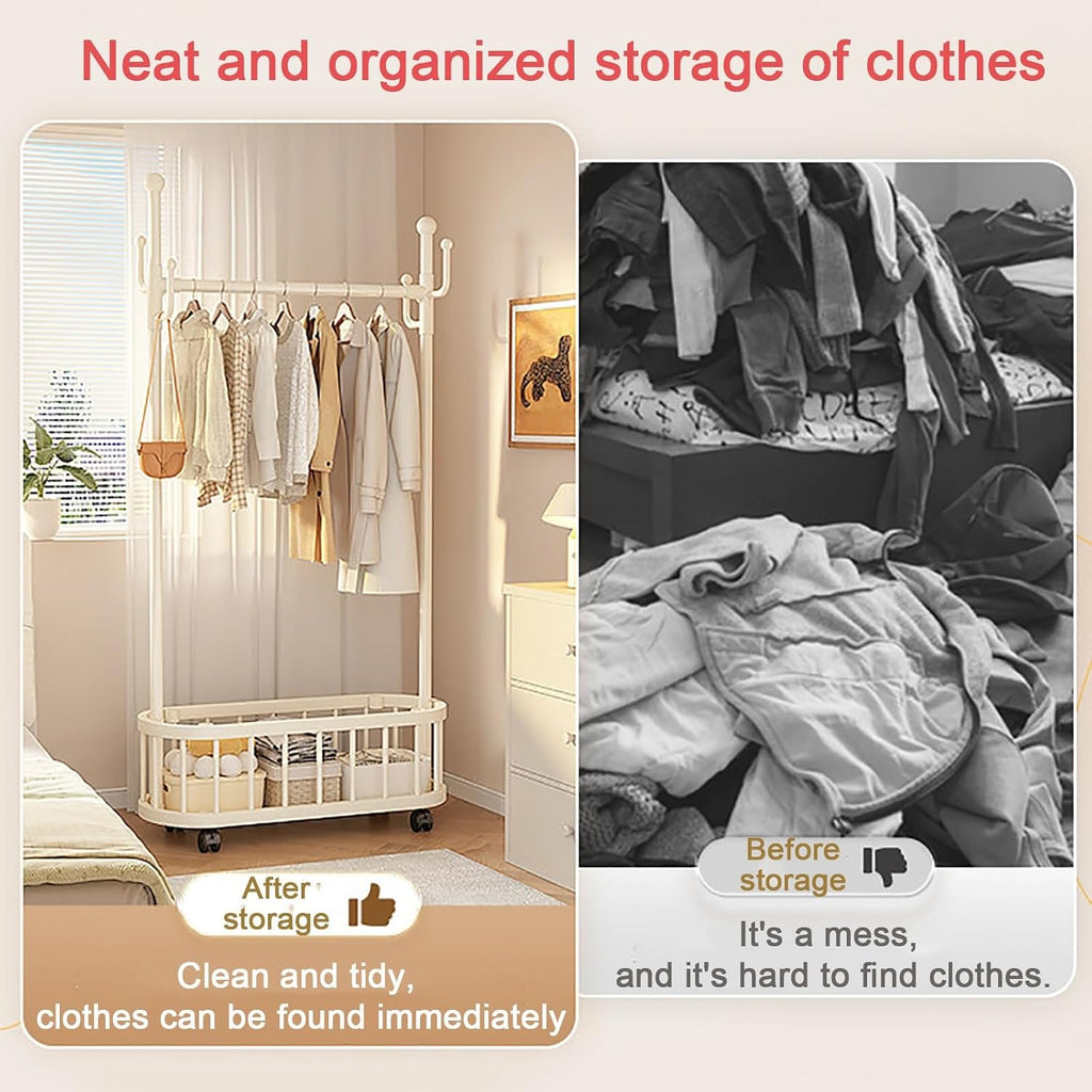 Rolling Clothes Rack With Wheels,Storage Basket,4 Hooks,Freestanding Garment Racks Hanger Stand,Coat Rack,Metal Organizer For Entryway Bedroom Living Room(White,60cm(23.6in))