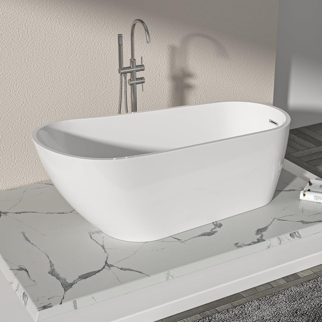 Logmey 67 Inch White Acrylic Freestanding Bathtub Oval Shape Soaking Tub with Chrome Drain & Overflow Assembly for Classic and Modern Bathrooms