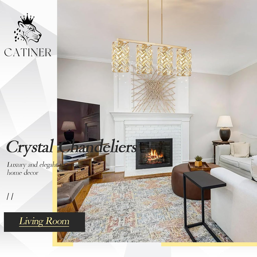 CATINER Gold Crystal Kitchen Island Lighting 40' Modern Linear Chandelier 4 Lights Ceiling Pendant Light Fixture Luxury for Kitchen Dining Room Living Room