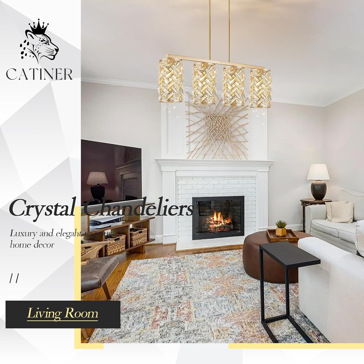 CATINER Gold Crystal Kitchen Island Lighting 40' Modern Linear Chandelier 4 Lights Ceiling Pendant Light Fixture Luxury for Kitchen Dining Room Living Room