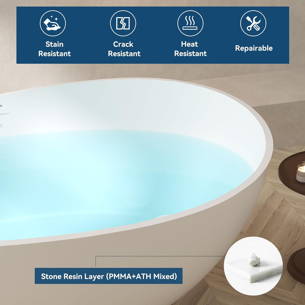 FerdY Lamu 63' Stone Resin Freestanding Bathtub, Gracefully Shaped Freestanding Bathtub, Solid Surface Soaking Tub, Matte White, cUPC Certified, Pop-up Drain and Integrated Slotted Overflow