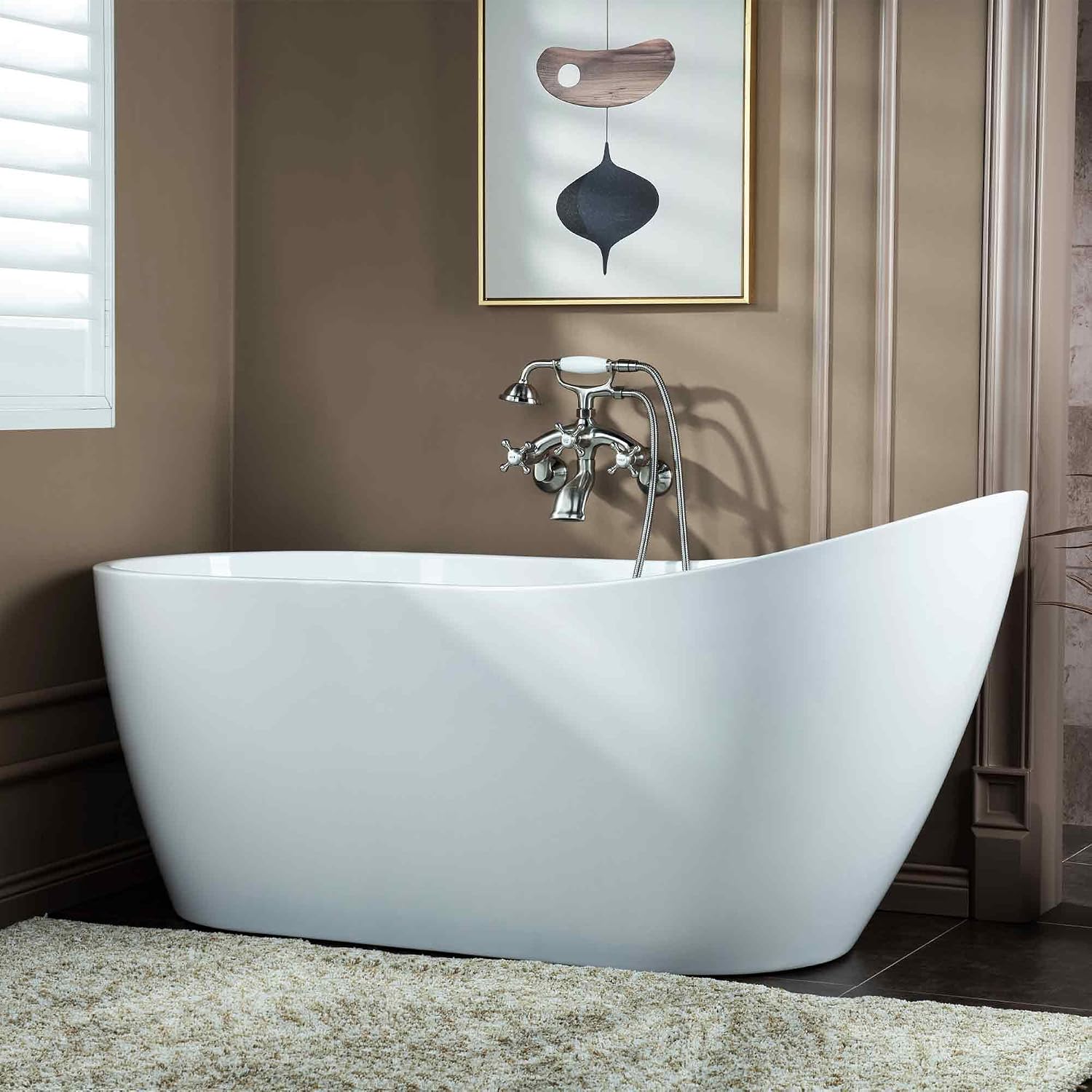 WOODBRIDGE 67' Acrylic Freestanding Bathtub Contemporary Soaking White Tub with Chrome Overflow and Drain