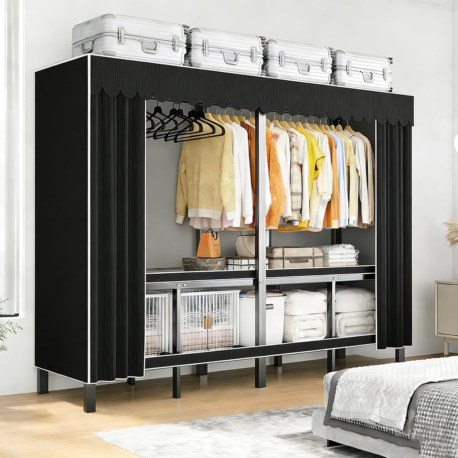 59.1in Foldable Portable Wardrobe ClosetS for Hanging Clothes Heavy Duty Garment Rack with Cover Folding Metal Clothing Racks Freestanding Collapsible Large Covered Armoire (black, 59.1in/150cm)