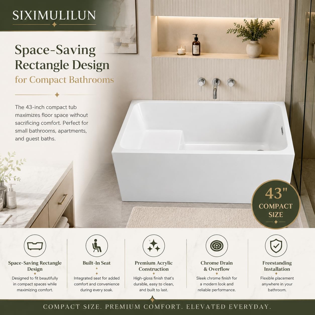 43' Acrylic Freestanding Bathtub with Seat,Deep Bathtub,Rectangle Soaking Tub with Chrome Overflow & Pop-Up Drain, CUPC Certified for Small Bathrooms