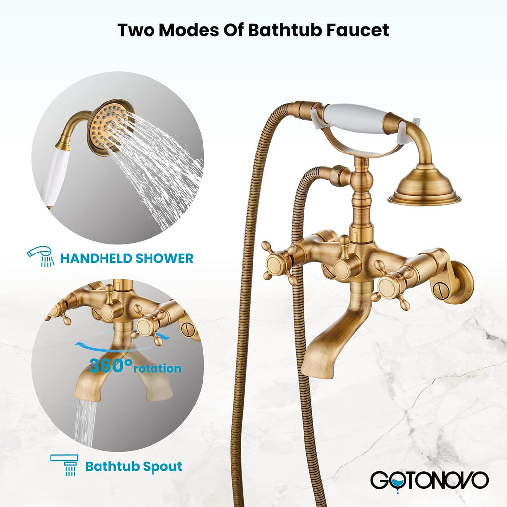 gotonovo Clawfoot Bathtub Faucet Tub Filler with Hand Held Shower Faucet Set Victorian Double Cross Handle 6 Inch Center Adjustable Swing Arms Tub Mount Short Adapter Antique Brass
