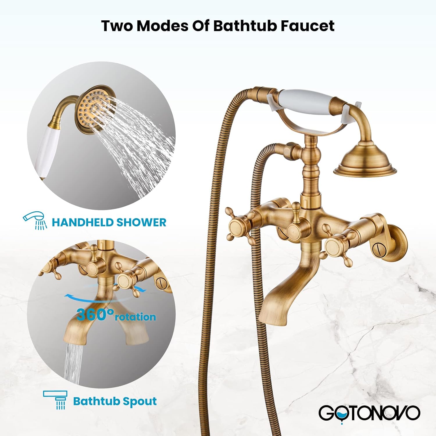 gotonovo Clawfoot Bathtub Faucet Tub Filler with Hand Held Shower Faucet Set Victorian Double Cross Handle 6 Inch Center Adjustable Swing Arms Tub Mount Short Adapter Antique Brass