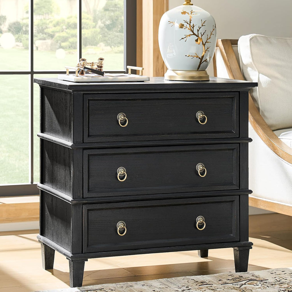 HULALA HOME Farmhouse End Tables Set of 2 with 3 Drawers, Paulownia Solid Wood Side Table with Vintage Knobs, Ancient End Table with Charging Station, Easy Assembly, Charcoal