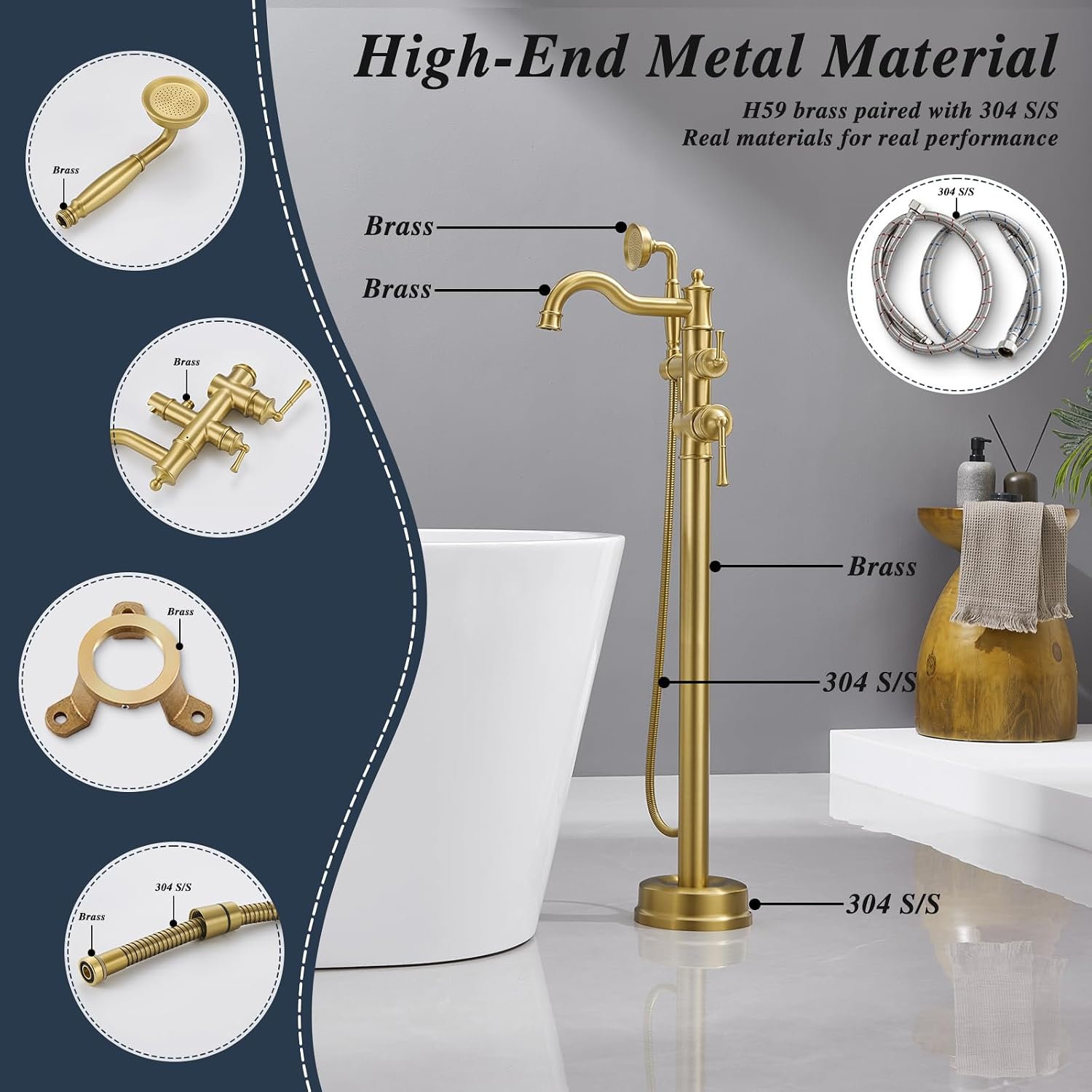 Free Standing Tub Faucet, Qinkell Classic Elegant Gooseneck Freestanding Bathtub Faucet with Sprayer Brass Luxury Floor Mount Bath Faucets High Flow Roman Tub Filler, Brushed Gold (QC-202511BG)