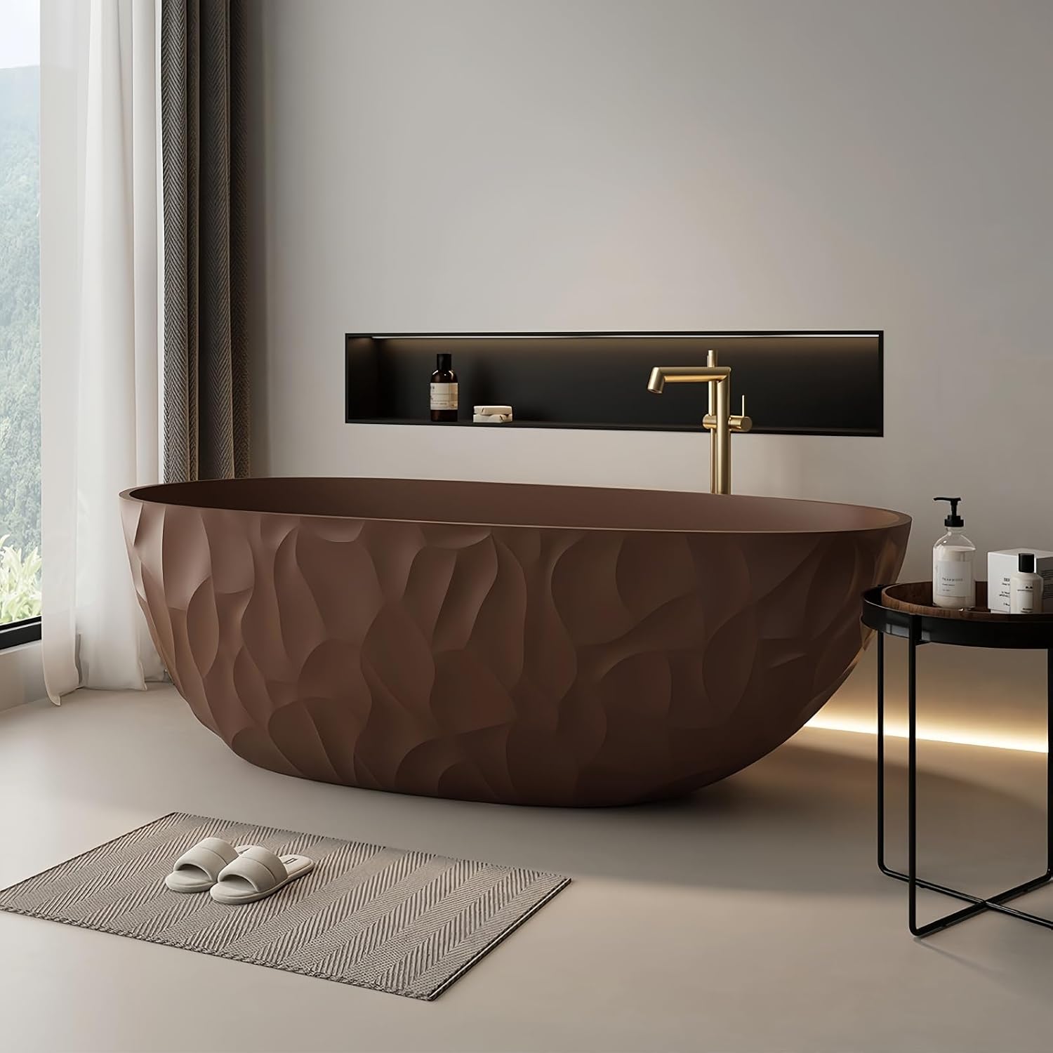 59' Edeyeu Luxury Freestanding Bathtub – Modern Solid Surface Bathtub With Ripple Design, Extra Deep Soaking Tub, Ergonomic Stand Alone Tub For Contemporary Luxury Bathrooms H