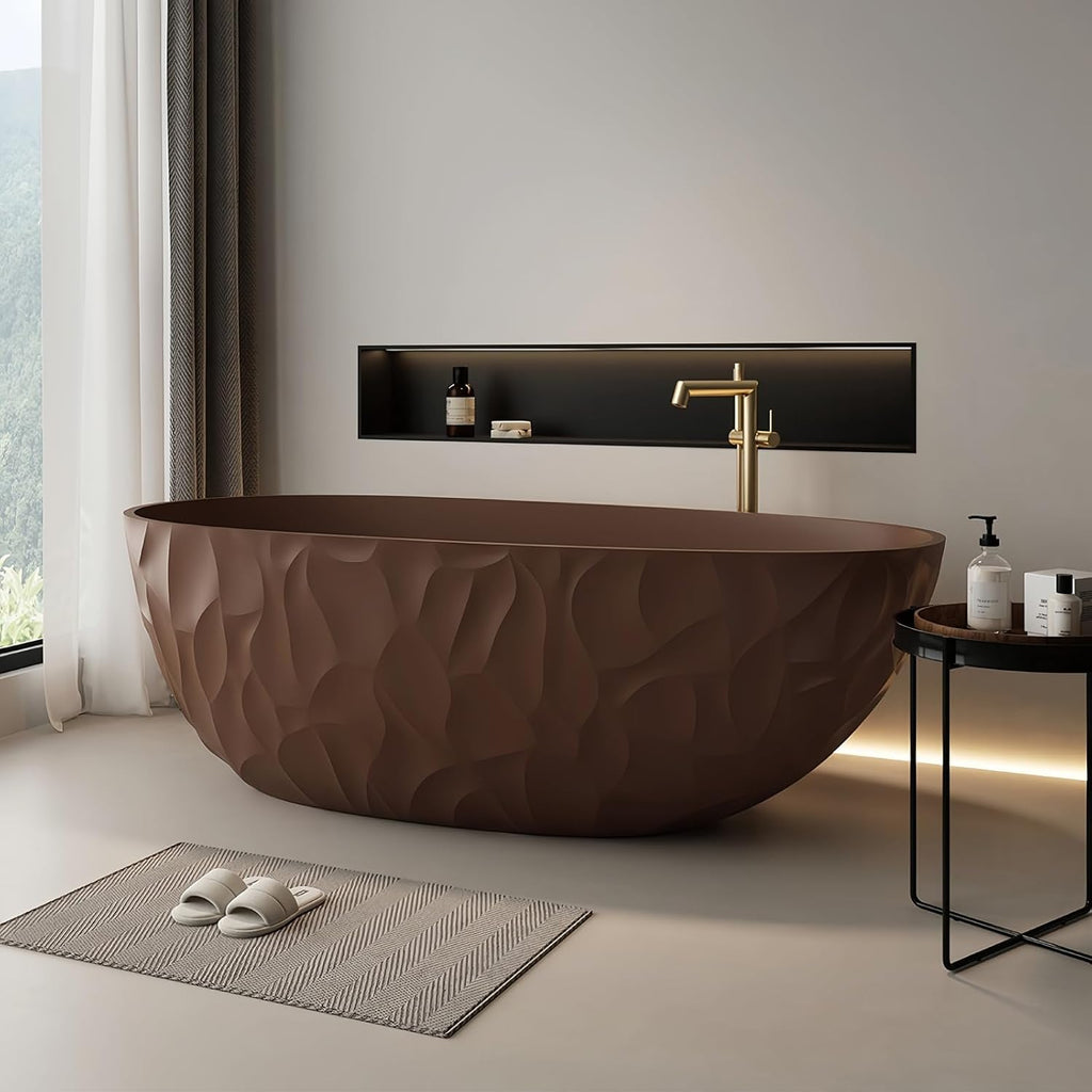 63' Edeyeu Luxury Freestanding Bathtub – Modern Solid Surface Bathtub With Ripple Design, Extra Deep Soaking Tub, Ergonomic Stand Alone Tub For Contemporary Luxury Bathrooms H