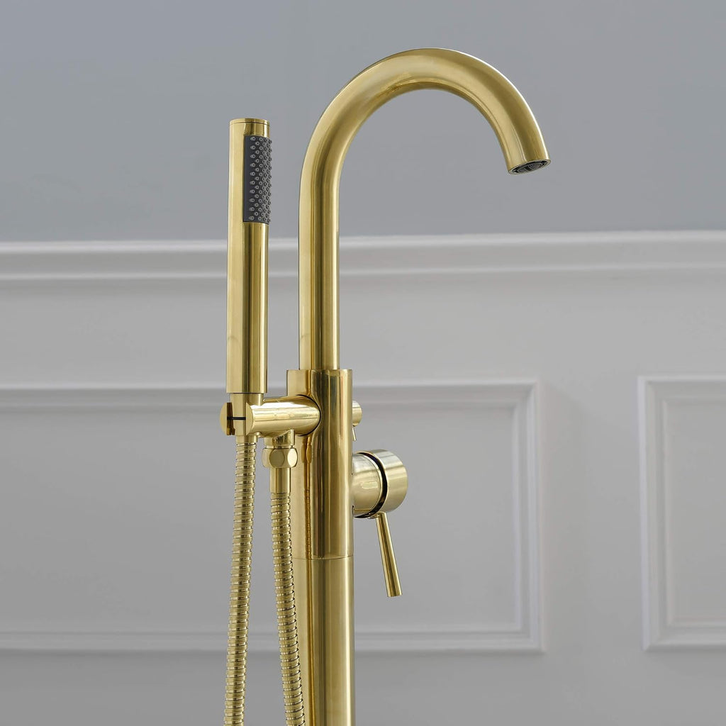 WOODBRIDGE F0007 BG Freestanding Tub Filler Bathtub Floor Mount Brass Bathroom Faucets with Hand Shower, F-0007 Golden, Brushed Gold