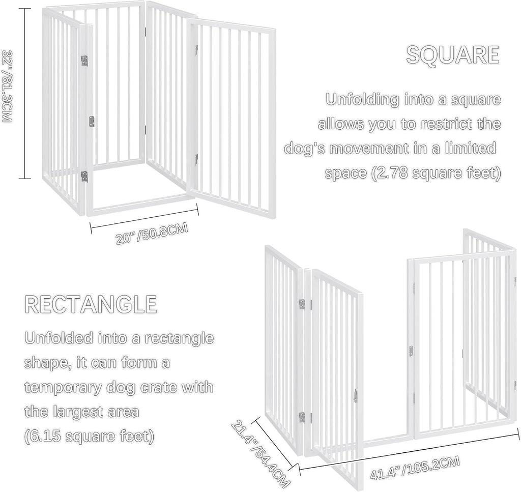 Vantas Folding No-Assembly Metal Pet Gate 80' Wide, 32' Extra Tall Dog Gate with Door Walk Through, Freestanding Accordion Puppy Gate Dog Door for Indoor & Outdoor, with 2PCS Support - White