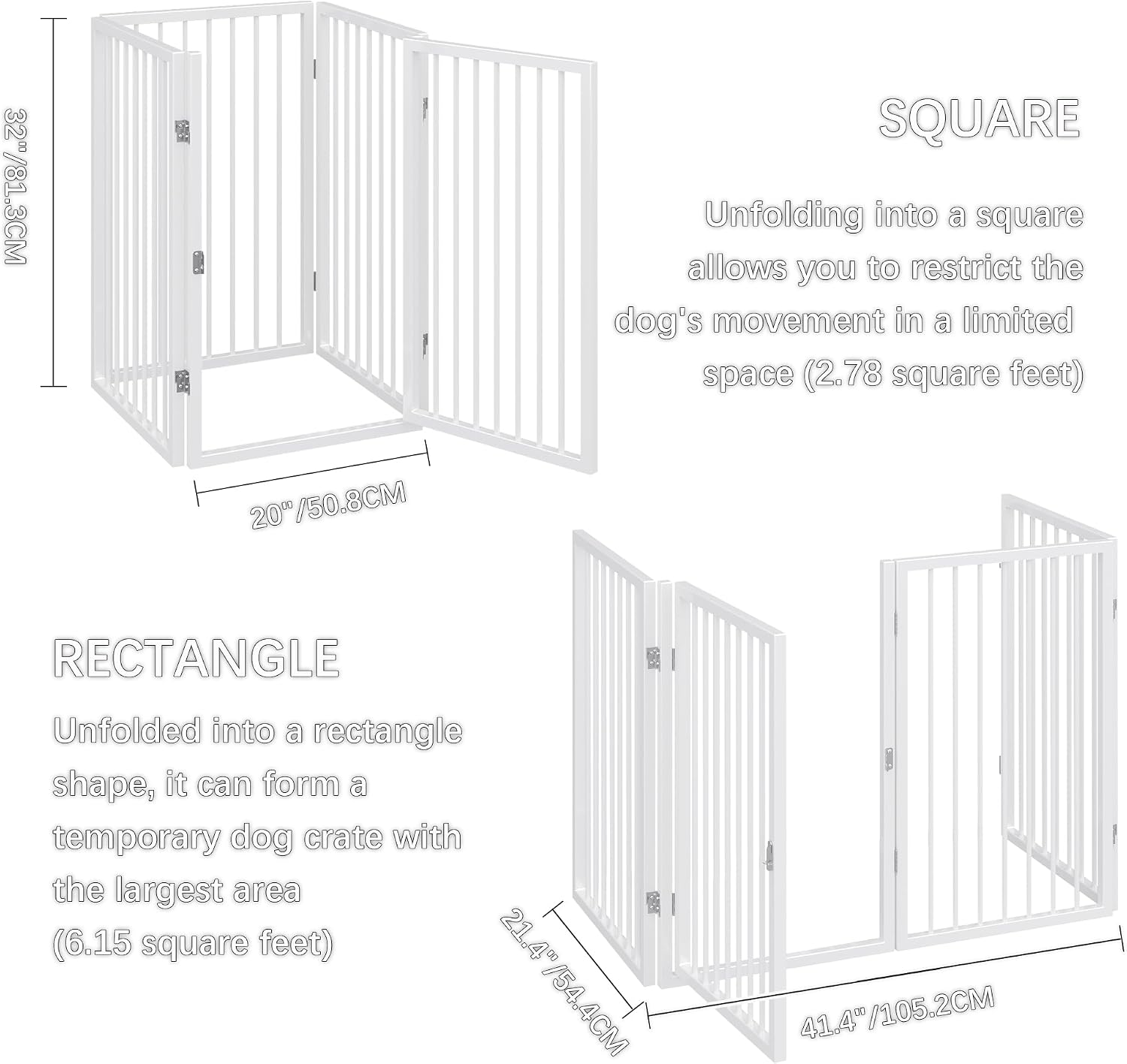 Vantas Folding No-Assembly Metal Pet Gate 80' Wide, 32' Extra Tall Dog Gate with Door Walk Through, Freestanding Accordion Puppy Gate Dog Door for Indoor & Outdoor, with 2PCS Support - White