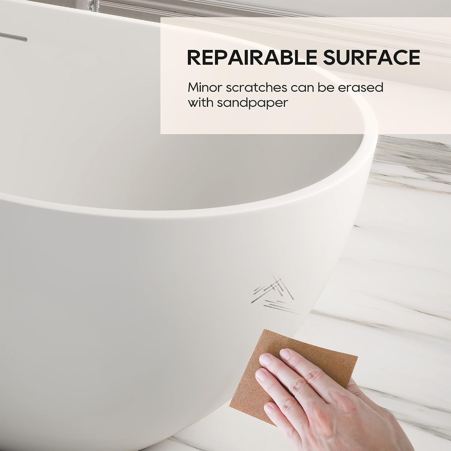 SJ STAR&JANE 59' Solid Surface Freestanding Bathtub, Matte White Oval Soaking Stone Resin Tub with Overflow and Pop-up Drain for Modern Bathrooms