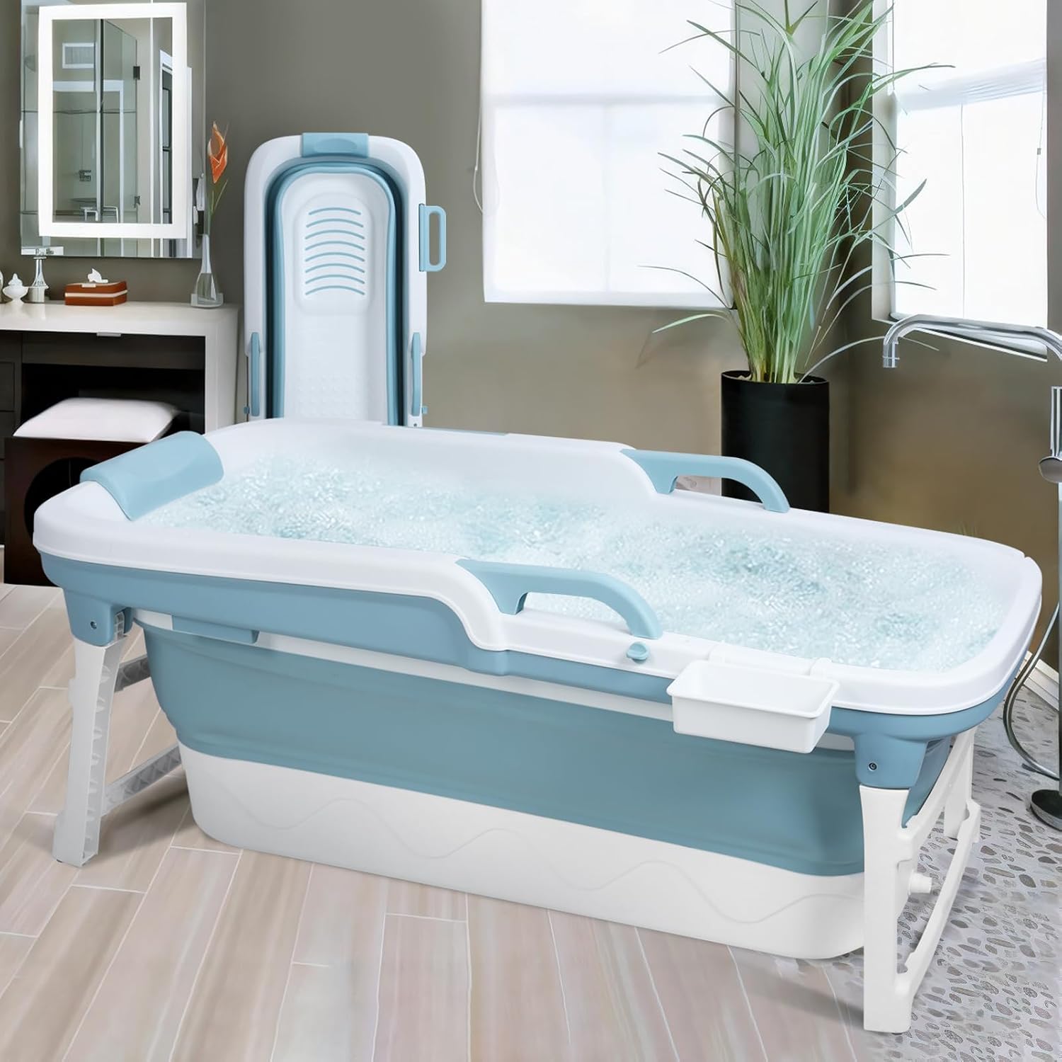 Portable Bathtub, 58/56/50/46 Inch Collapsible Bathtub, Freestanding Foldable for Adults, Folding Tub for Shower, Hot Bath, Ice Bath (Blue-D-130cm)