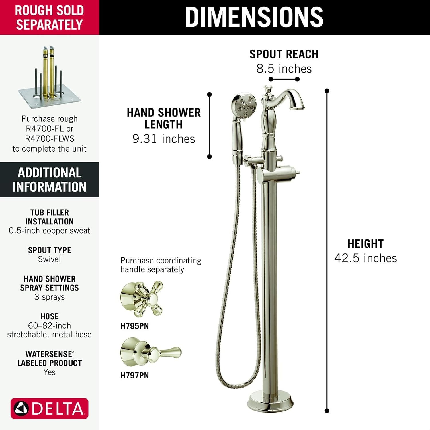 Delta Freestanding Tub Faucet with Hand Held Shower, Polished Nickel Floor Mount Tub Filler, Polished Nickel T4797-PNFL-LHP (Valve and Handle Not Included)