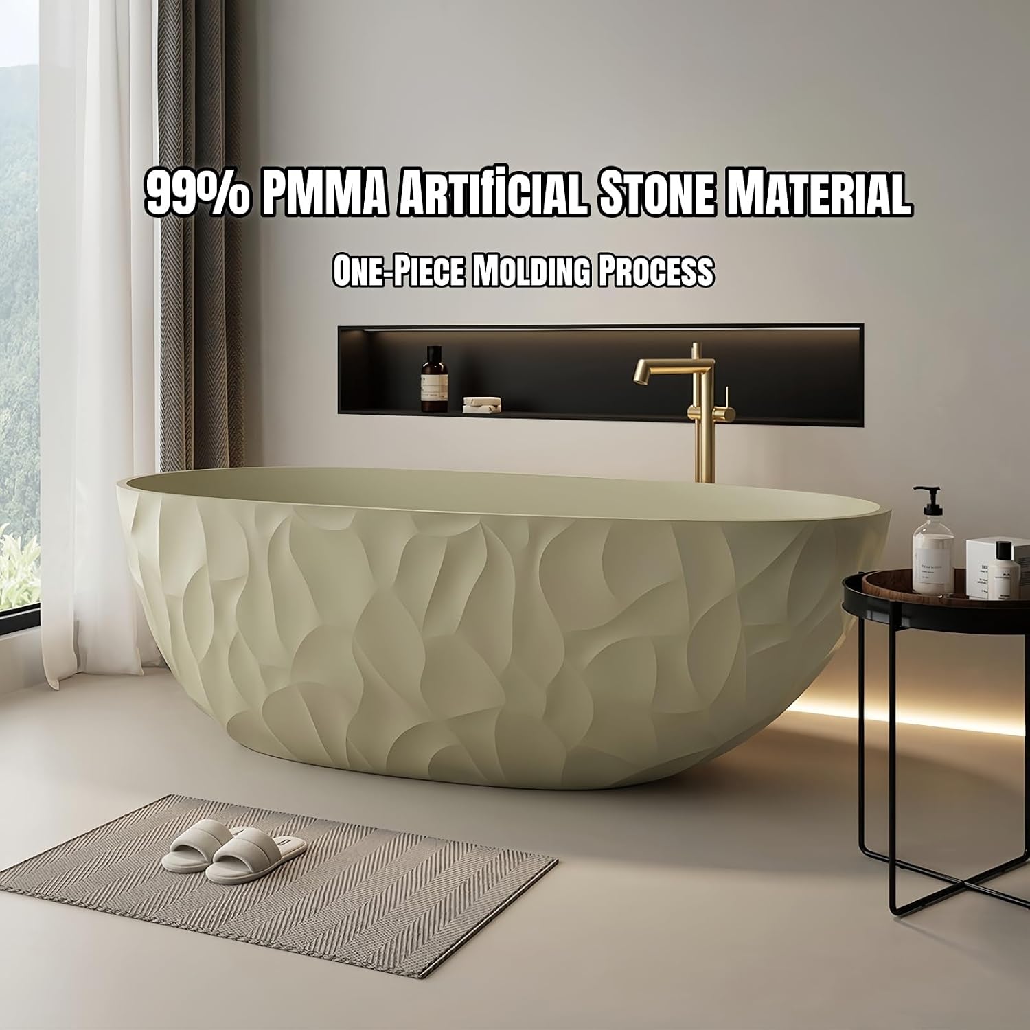 67' Edeyeu Luxury Freestanding Bathtub – Modern Solid Surface Bathtub With Ripple Design, Extra Deep Soaking Tub, Ergonomic Stand Alone Tub For Contemporary Luxury Bathrooms H
