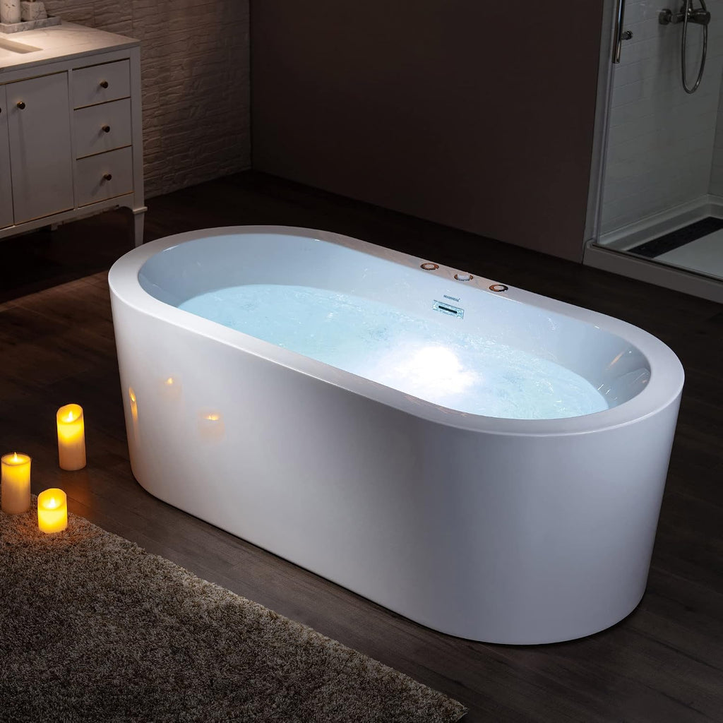 WOODBRIDGE 66-1/2' x 31-7/8' Whirlpool Water Jetted and Air Bubble Freestanding Heated Soaking Combination Bathtub, BJ200