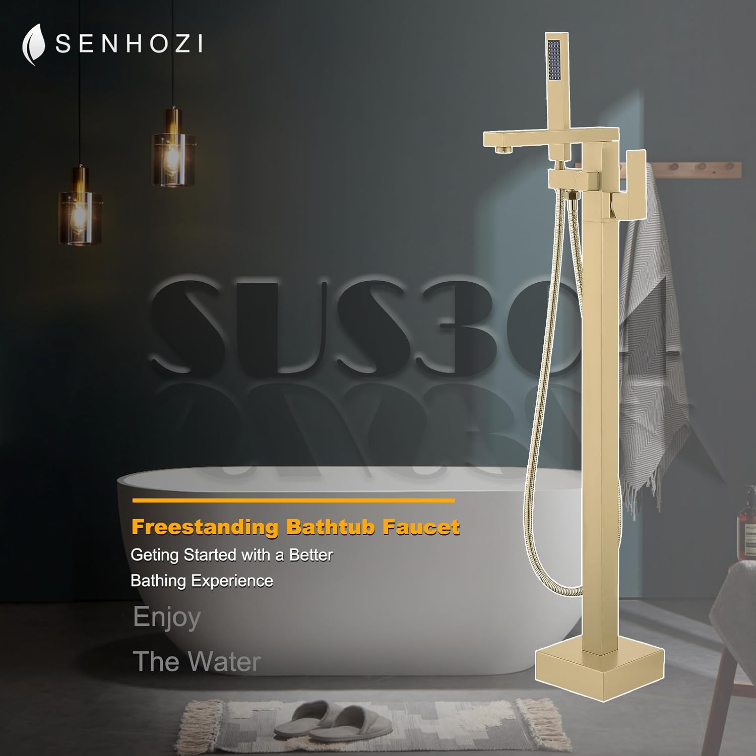 Freestanding Bathtub Faucet Brushed Gold, Floor Mounted Tub Filler Tub Faucet, 304 Stainless Steel Free Standing Tub Faucets with Hand Shower, SE-3003-BG