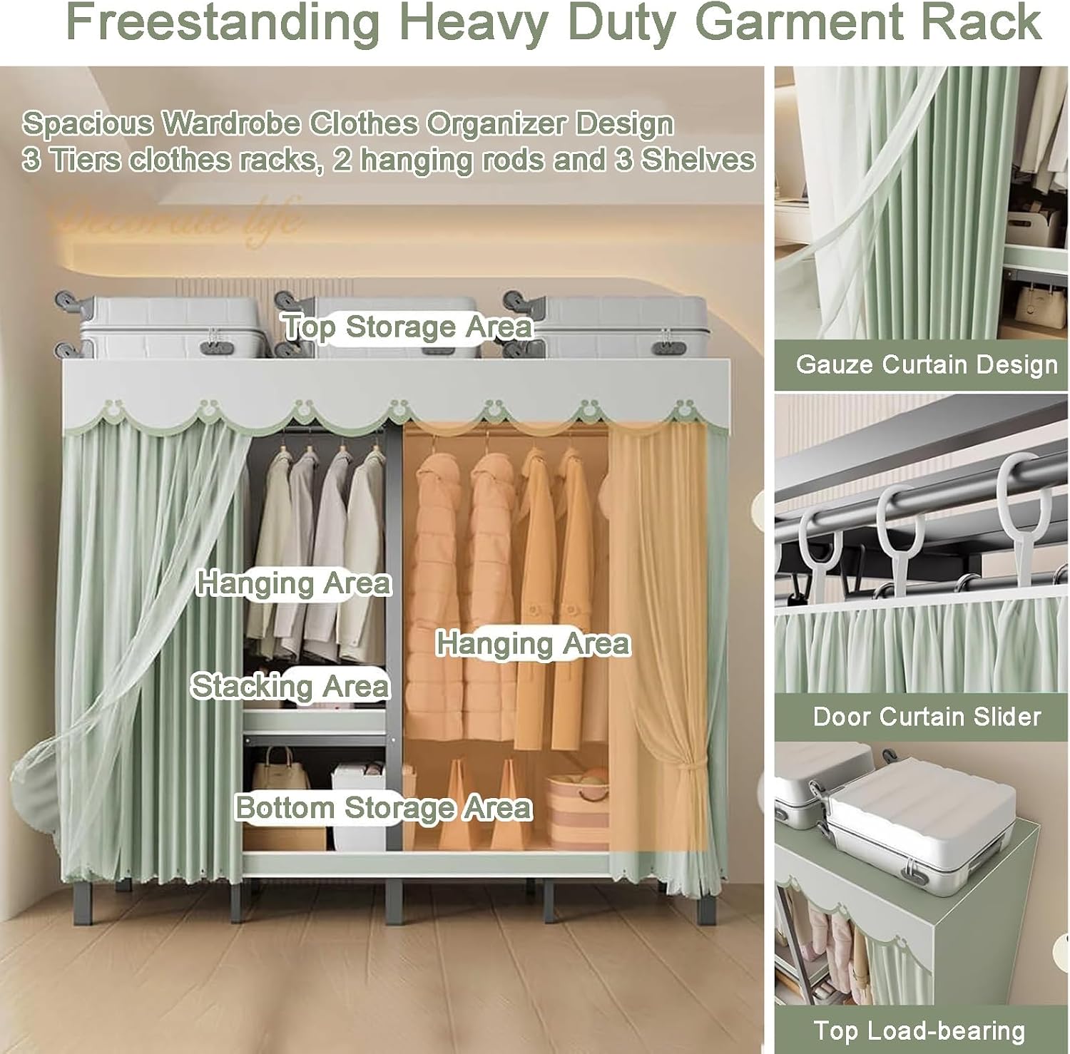 Foldable Clothe Rack with Wheel W/cover Load 1100lbs Heavy-duty Portable Wardrobe for Bedroom Armoires Freestanding Clothing Coat Storage Rack Rolling Garment Rack for Hanging(Green,131cm/51.6in)