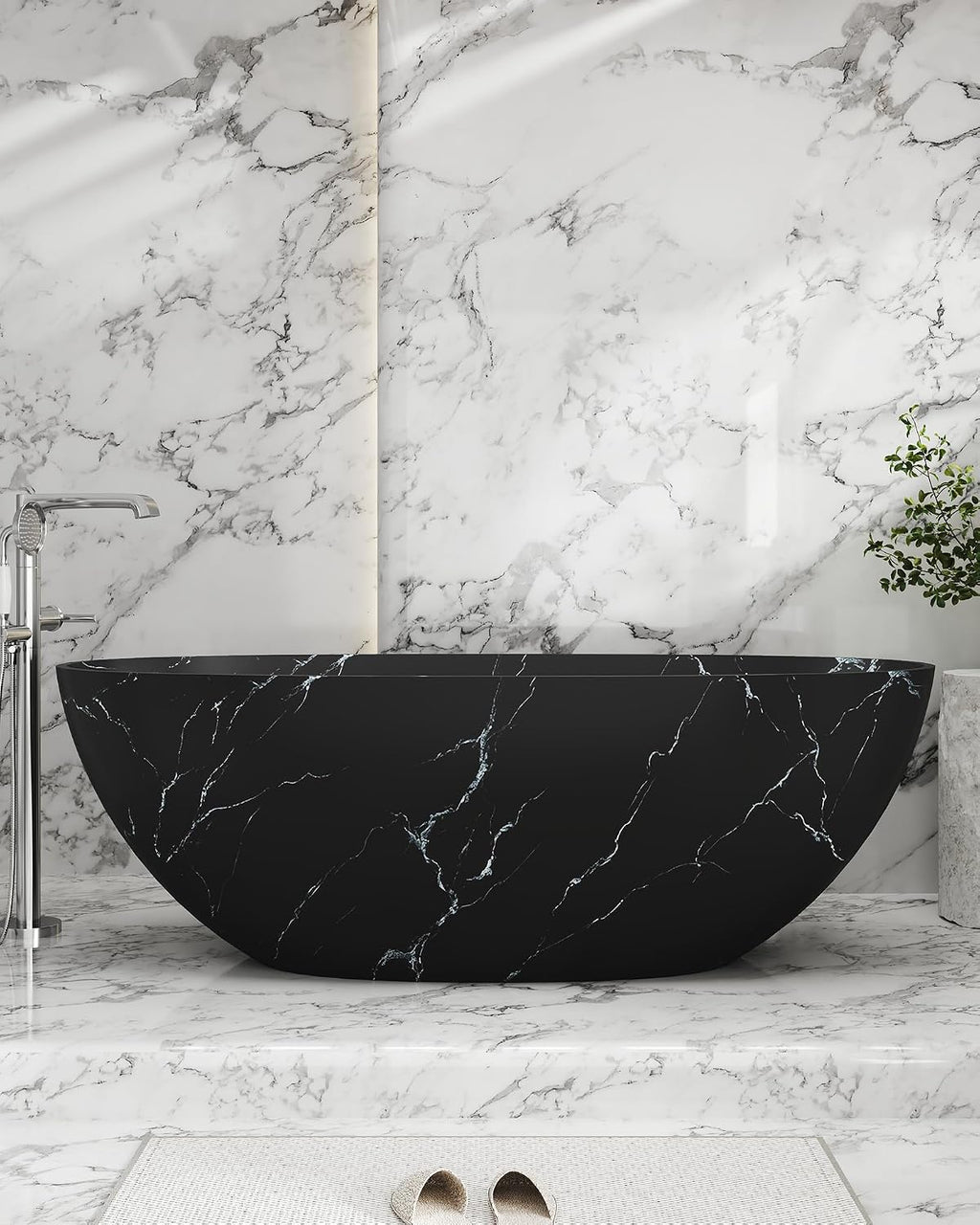 CASAINC 65' Solid Surface Freestanding Tub Marble-Look Stone Resin Freestanding Bathtub Black Soaking Tub with Overflow, Drain, Drain Hose & Sanding Paper