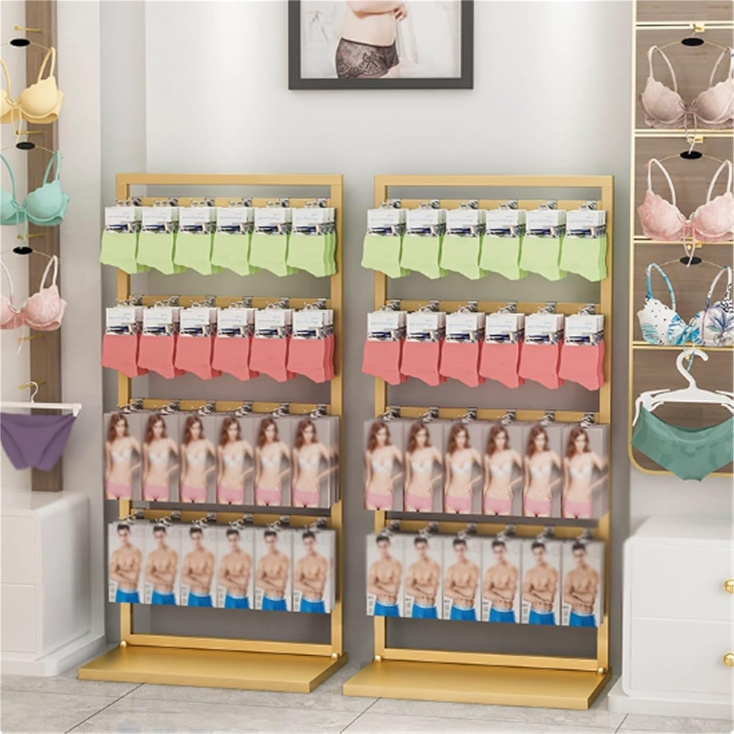 Freestanding Underwear Display Stands, Metals, Clothing Store Boutiques Retail Lingerie Garment Rack, Commercial Shelves, for Socks Bra Panties Scarves, 53in(White)