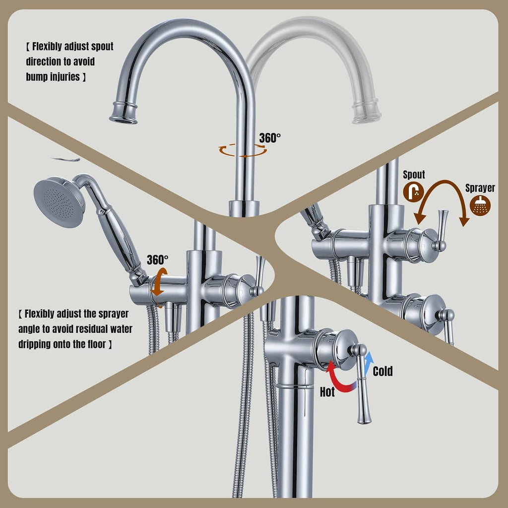 Free Standing Tub Faucet, Antique, Polished Chrome (B2311-CP) | H59-1 Premium Solid Brass, High Flow 6.6 GPM, Elegant & Vintage Styling