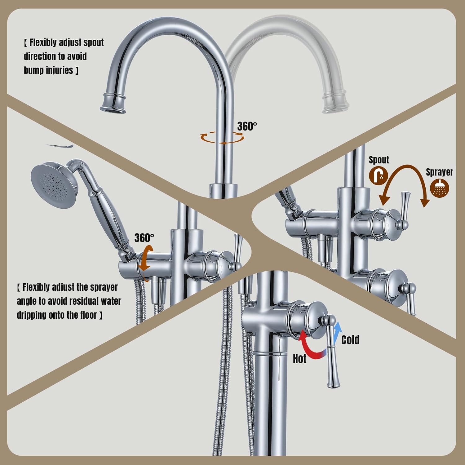 Free Standing Tub Faucet, Antique, Polished Chrome (B2311-CP) | H59-1 Premium Solid Brass, High Flow 6.6 GPM, Elegant & Vintage Styling